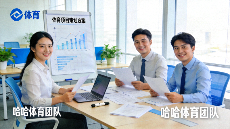 哈哈体育团队在现代化办公室讨论体育项目策划方案